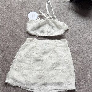 White Textured Cream Skirt Set